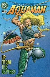 The 1990s version of Aquaman on the cover of Aquaman (vol. 5) #17 (February 1996), art by Jim Calafiore Aquaman17 (1996).jpg