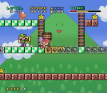 A player controls Wanda to turn box outlines into blocks in an effort to help Mario reach for the "Goal", where Luigi is standing. Mario & Wario Level 3-7.PNG