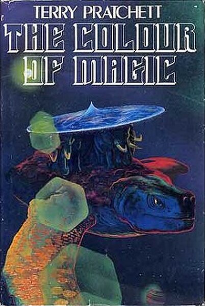 Cover of the first edition of The Colour of Magic; art by Alan Smith