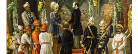 Detail from the painting of the Maharaja of Travancore and his brother welcoming Buckingham and Chandos to Trivandrum in 1880, painted by Raja Ravi Varma, 1881.