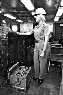 Ensign Charlene Albright, one of first women assigned to shipboard duty, aboard Norton Sound, 1978 First USN woman engineer2.jpg