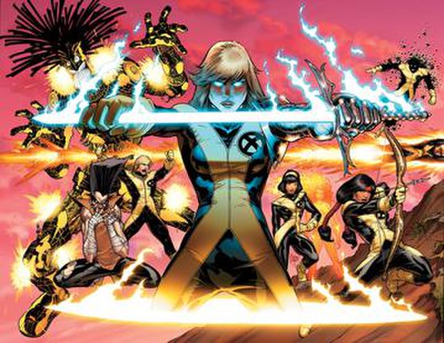 Cover of New Mutants vol. 3 #1 (April 2009) by Diogenes Neves. Clockwise from top left: Warlock, Sunspot, Cannonball, Danielle Moonstar, Magma, Karma,
