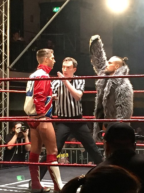 Sabre facing Marty Scurll, his former tag team partner, in January 2017 at Revolution Pro Wrestling's High Stakes event
