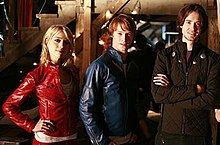 Alexz Johnson as Imra/Saturn Girl, Calum Worthy as Garth/Lightning Lad, Ryan Kennedy as Rokk/Cosmic Boy on Smallville. SmallvilleLegion.jpg