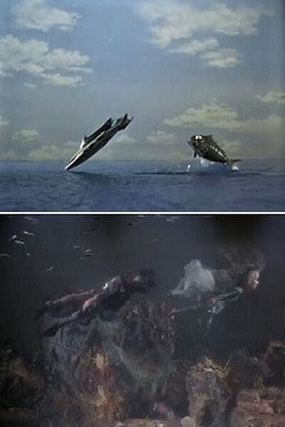 Top: ocean shots were filmed in tanks containing dyed water. Each tank had an artificial horizon: the back wall had a low edge and the tank was overfi