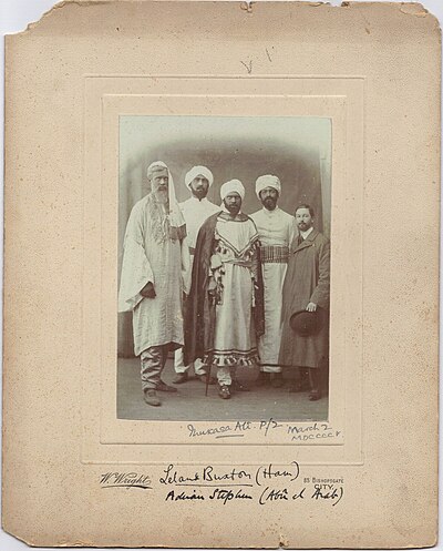 "Prince Musaka Ali and his suite" were in fact students (L-R) Adrian Stephen, Robert Bowen Colthurst, Horace Cole, Leland Buxton and 'Drummer' Howard. In this guise, they hoaxed the Mayor and citizens of Cambridge.