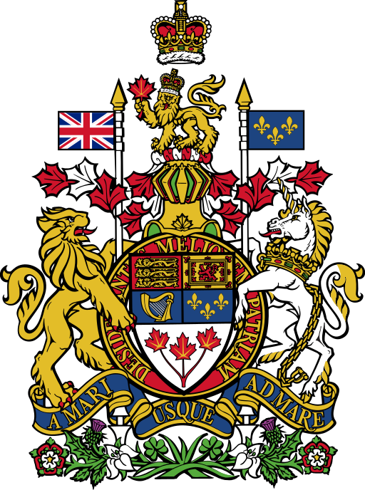 At the top there is a rendition of St. Edward's Crown, with the crest of a crowned gold lion standing on a twisted wreath of red & white silk in addition to holding a maple leaf in its adjustment paw underneath. The lion is standing on top of a helm, which is above the escutcheon, ribbon, motto and compartment. There is a supporter of either side of the escutcheon and ribbon; an English lion on the left and a Scottish unicorn on the right.