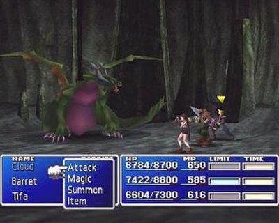 A battle scene with Cloud, Barret, and Tifa facing a dragon. In this given moment, the player must choose a command for Cloud to perform.