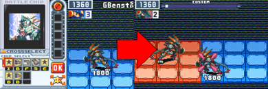 A player "Beasting Out" MegaMan.EXE using the Beast Out icon (Cybeast Gregar ver.). Mega Man Battle Network 6 - Cybeast Gregar transformation.png