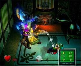 Beta screenshot of Luigi capturing Neville, the game's first "portrait ghost", using the Poltergust 3000. The number represents the ghost's HP, which 