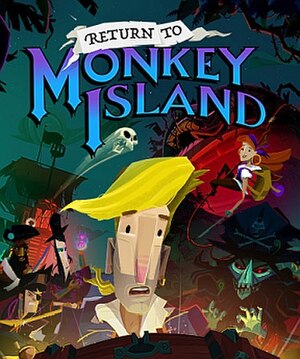 Close-up of Guybrush Threepwood gazing in amazement at the contents, not shown, of a chest radiating light. Behind him are the game's main characters in different poses and, in the background, a pirate ship and the giant monkey head of Monkey Island. The logo with the name of the game is superimposed at the top of the image.