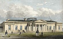 The New Academy by T. H. Shepherd circa 1828. Sports in the academy "Yards" showing an early example of cricket in Scotland The New Academy, Drawing by T.H. Shepard, 1928.jpg