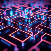 A top-down view of a circuit board-like illuminated maze.