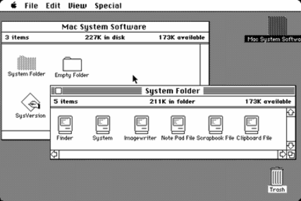 The original Macintosh introduced a radically new graphical user interface for personal computers. Users interact with the computer using a metaphorical desktop with icons of real life items, instead of abstract textual commands.