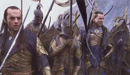 Gil-galad (played by Mark Ferguson, centre right) and his herald Elrond (Hugo Weaving, left), as envisaged in Peter Jackson's 2001 film The Fellowship