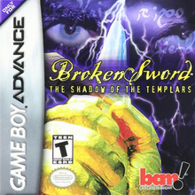 Cover art featuring the title, various logos related to licensing, publishing, and content rating, with "Only for Game Boy Advance" written on the left side. Depicts a hand holding a sword in front of a person's face, which is obscured by the hand and the logos.