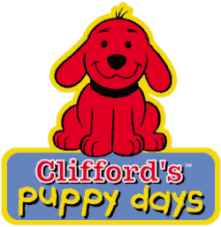 Un chiot rouge souriant, Clifford, est assis au-dessus d'un rectangle contenant le nom de la série en texte stylisé.