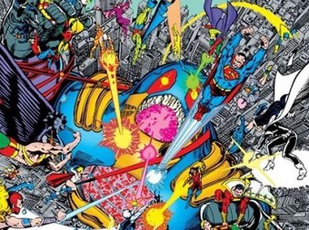 The Anti-Monitor at war with the multiverse's heroes on Crisis on Infinite Earths#12 (March 1986). Art by George Pérez