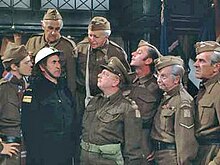The characters of Dad's Army (left to right): Privates Pike and Frazer (Ian Lavender and John Laurie), ARP Warden Hodges (Bill Pertwee), Private Godfrey (Arnold Ridley), Captain Mainwaring (Arthur Lowe), Private Walker (James Beck), Lance Corporal Jones (Clive Dunn) and Sergeant Wilson (John Le Mesurier) Dadsarmy 1.jpg