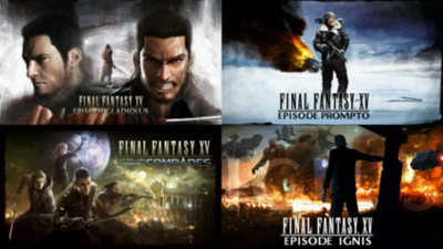 Promotional art for several major downloadable content packs of Final Fantasy XV. FinalFantasyXVDLC.png