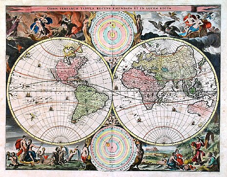 Anonymous double hemisphere world map based on Visscher's earlier Bible map of 1657, with the addition of the New Zealand coastline. Two celestial spheres in the lower eastern hemisphere, two circular diagrams, in the corners the four continents in allegorical form