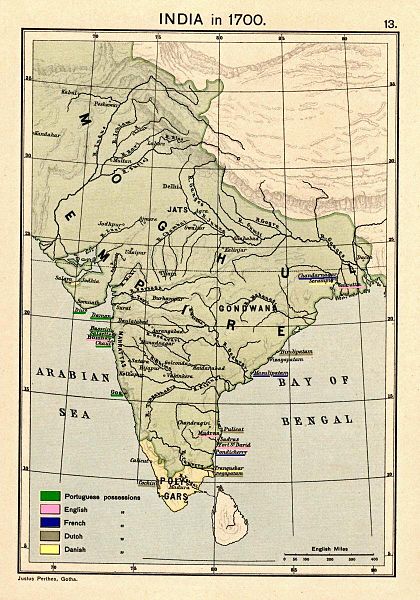 The empire at its greatest extent in c. 1700 under Aurangzeb