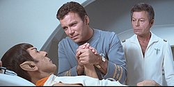 This scene from Star Trek: The Motion Picture (1979) has been pointed to as supporting a homoerotic interpretation of Kirk and Spock's relationship. Kirk Spock TMP.jpg