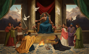 Pop Smoke is seen on a painting that comes to life and depicts different versions of him as white doves fly around. Pop Smoke Demeanor Painting.png