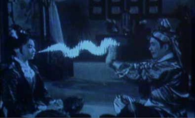 Scene from the wuxia film Buddha's Palm (1964). The magic qi rays are created using crude hand-drawn animation.