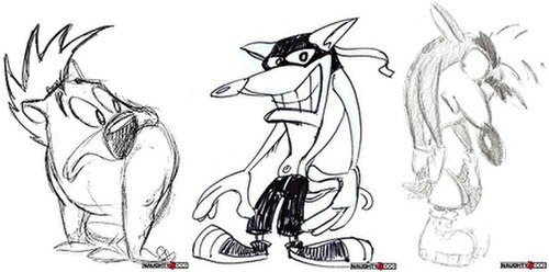 Crash Bandicoot was initially drawn as a "squat, hunkered-down character" (left) by Charles Zembillas, who later incorporated traits from a drawing by