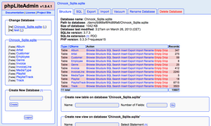 главната страница на phpLiteAdmin, показваща възможните различни действия за управление на таблици