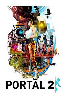 A promotional poster created by Valve artist Tristan Reidford, showcasing the characters from Portal. From center top clockwise: Chell, GLaDOS, P-Body (left) and Atlas, the turrets, Cave Johnson (in picture frame), a Companion Cube, and Wheatley Portal 2 character poster.jpg