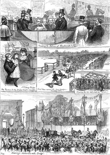 The abolition of bridge tolls, 1880. Clockwise from top, the images show: the address being read at the opening of Wandsworth Bridge; a race to be the