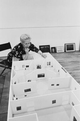 De Menil with gallery model, Houston, 1973