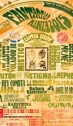Official poster of the last Fantastica Mania show of 2015 with images of Místico, Último Guerrero, Mr. Niebla and Volador Jr., Volador Jr. is depicted
