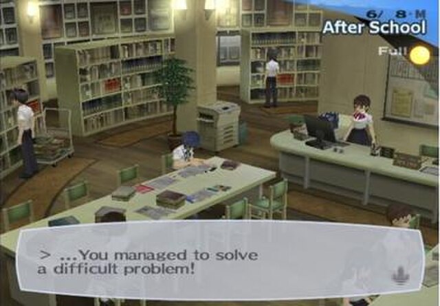 The protagonist gains academic skills by studying in the school library. The upper-right area of the screen indicates the current date, time period, a