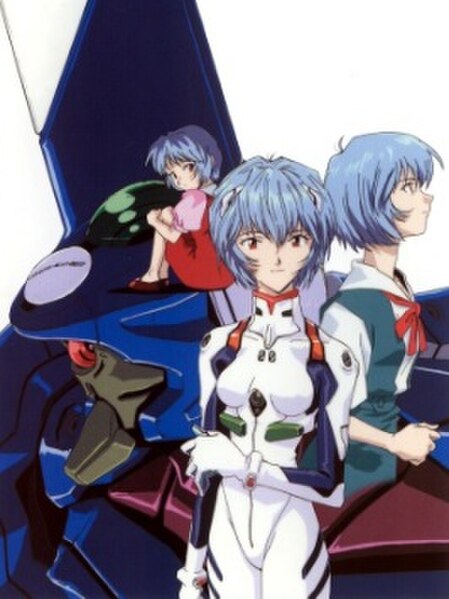 Rei with her Eva-00 (in the background) as a child (left), as a pilot (center) and as a student (right)
