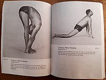 Page layout of The Complete Illustrated Book of Yoga, 1960, showing Vishnudevananda demonstrating Soorya Namaskar (salute to the sun) in large monochrome photographs[8]