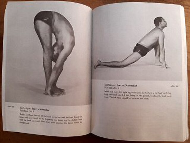 Page layout of The Complete Illustrated Book of Yoga, 1960, showing Vishnudevananda demonstrating "Soorya Namaskar" (salute to the sun) in large monoc