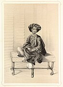 An engraving (1844) of a youth, who according to the engraver, Emily Eden, was "a favourite and successful young student at the Hindu College in Calcutta, where scholars acquire a very perfect knowledge of English, and have a familiarity with the best English writers".