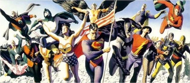 The original Justice Society of America. This giclée homages artist Irwin Hasen's cover art for All-Star Comics #36 (August 1946). Art by Alex Ross