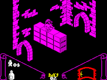 A man with a darkened face in a pith hat stands atop several rows of blocks. The image is in isometric display such that we can see three sides of the blocks but only one side of the character (who is displayed in two dimensions). The gameplay area is displayed in monochrome: bright pink and black for positive and negative space, respectively. Some brick façade in the background bound the room and two archways show ways to exit the room. Below the scene is a heads-up display drawn with the motif of an unrolled scroll. There are icons to denote player lives, with a smaller version of the character, a potion bottle item, and indicators for the day and time: "DAY 02" in a scripted typeface, and an arched rectangle with a sun image peeking from the rectangle's left horizon.