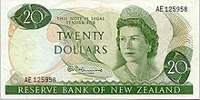 The first New Zealand $20 note obverse side, series three (1967-1981) NZ 1967 twenty dollar obverse.jpg