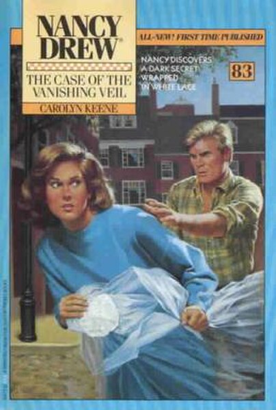 Nancy is shown in danger on the cover of The Case of the Vanishing Veil (1988) and other covers from the 1980s. Unlike in earlier covers from the seri