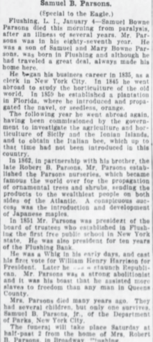 Obituary for Samuel Bowne Parsons Sr., Brooklyn Daily Eagle, January 4, 1906 Obituary for Samuel Bowne Parsons.png