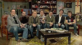 The entire team of The Chaser (from left, Morrow, Knight, Firth, Reucassel, Licciardello, Taylor, and Hansen) on The Chaser's War on Everything on 14 July 2006 TheChaser-FullTeam.jpg