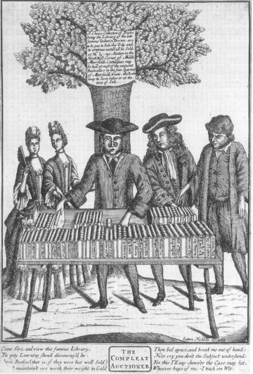 An auctioneer selling books from a hanged man, circa 1700. Curll got his start doing this kind of work in 1708.