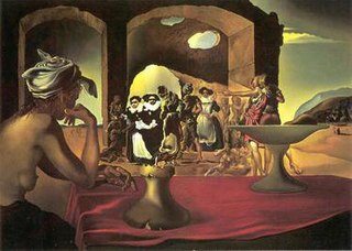 Slave Market with the Disappearing Bust of Voltaire (1940) is a painting by Spanish Surrealist Salvador Dalí. The painting depicts a slave market, while a woman at a booth watches the people. A variety of people seem to make up the face of Voltaire, while the face seems to be positioned on an object to form a bust of Voltaire. Voltaire was a french writer and philosopher known for his opposition to slavery.