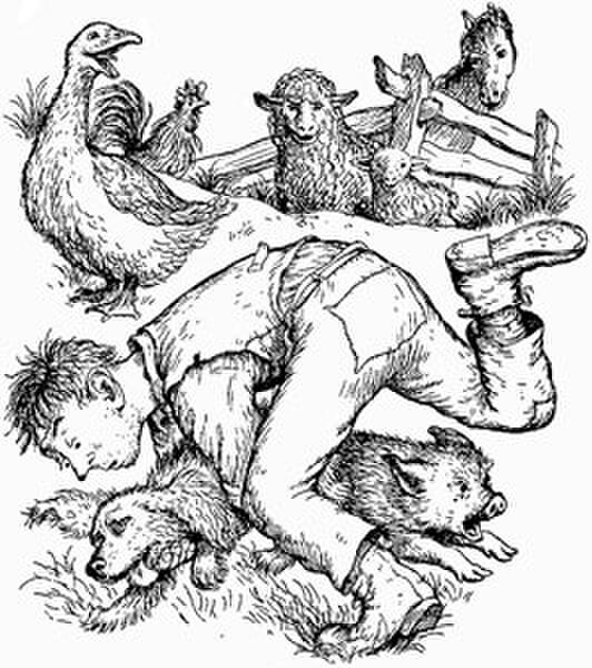 An illustration from Charlotte's Web showing Williams' energetic line, his penchant for detail, emotion and action, as well as his use of texture and 