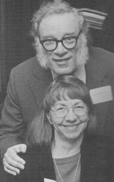 Asimov with his second wife, Janet. "They became a permanent feature of my face, and it is now difficult to believe early photographs that show me wit
